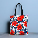 Bolso De Tela Foliage Rojo Floral Tropical Hibiscus<br><div class="desc">Este diseño presenta un follaje tropical blanco sobre un fondo azul marino con flores de hibisco rojo brillante. #tropical #floral #flores #hibiscus #elegante #elegante #diseño #femenino #patrón #playa</div>