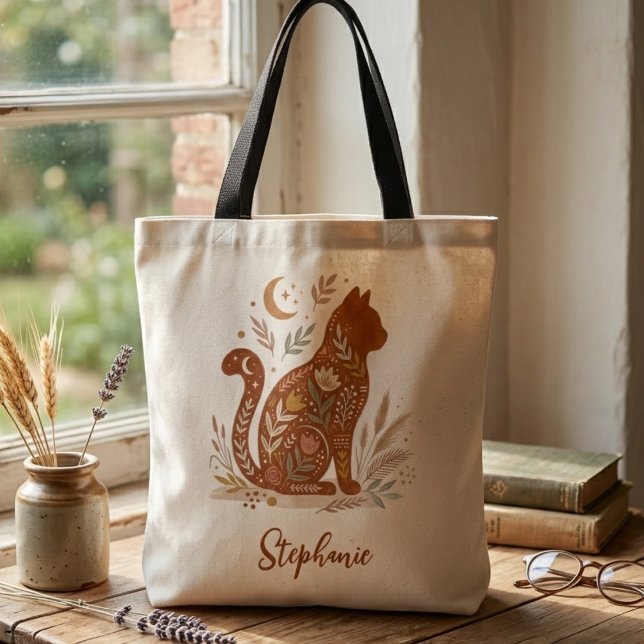 Bolso De Tela Folk Art Floral Cat Celestial Moon Mama Gift (Folk Art Floral Cat Tote Bag)