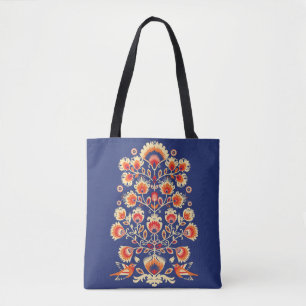 Bolso De Tela 💙 💛 🧡 Folklore con flores y pájaros amarillos