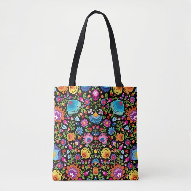 Bolso De Tela Folklore flowers Wycinanki black  (Anverso)