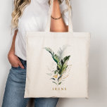 Bolso De Tela Follaje Tropical Acuarela Guión Dorado<br><div class="desc">Esta taza de café personalizada presenta follaje tropical verde de acuarela con acentos de hojas doradas. >>> Consulta toda la colección >>> https://www.zazzle.com/collections/tropical_foliage_gold_collection-119316977990783186</div>