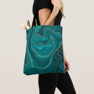 Bolso De Tela Fondo de mármol líquido turquesa con dorado