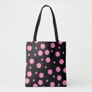 Bolso De Tela Fondo oscuro, flores rosa brillante estilizadas.
