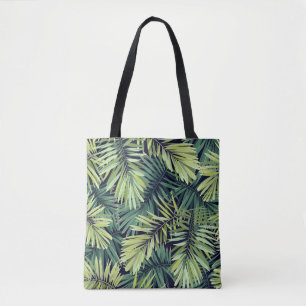 Bolso De Tela Fondo verde claro con plantas tropicales. Costura
