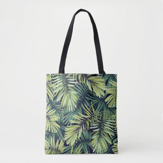 Bolso De Tela Fondo verde claro con plantas tropicales. Costura (Anverso)