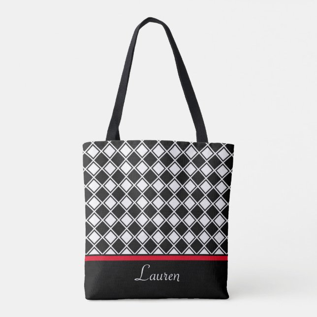 Bolso De Tela Forma geométrica de diamante negro y blanco chic (Reverso)