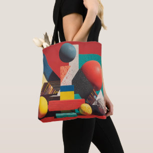 Bolso De Tela Formas Geométricas Coloridas sobre Fondo Rojo
