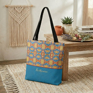 Bolso De Tela Formas tribales inspiradas en turquesa, amarillo y