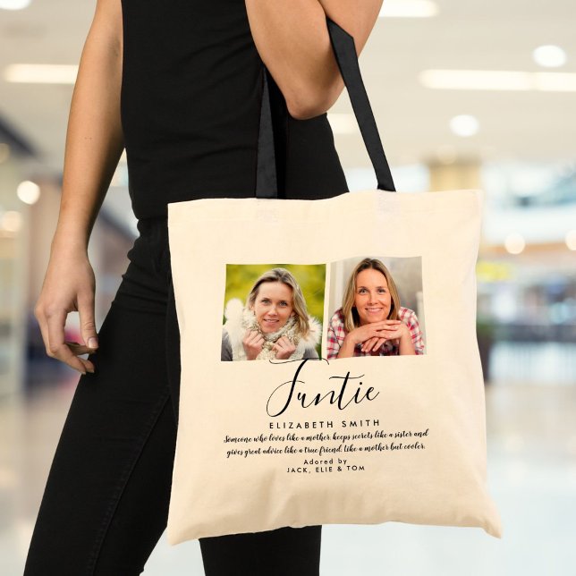 Bolso De Tela Foto De Cita De Untie Con Guión Moderno Funtie (Funtie Modern Script Auntie Quote Photo Tote Bag)