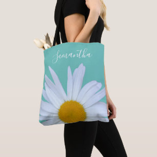 Bolso De Tela Foto de Daisy Verde azulado Elegante Guión Blanco 