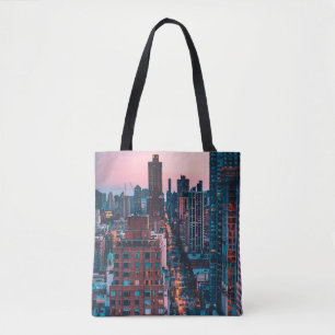 BOLSO DE TELA FOTO DE EDIFICIOS DE ALTO ALZA CON SK AZUL Y ROSA