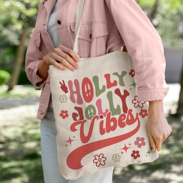 Bolso De Tela Foto de feriado de Retro Groovy Holly Jolly Vibes (Retro Groovy Holly Jolly Vibes Holiday Photo Tote Bag)
