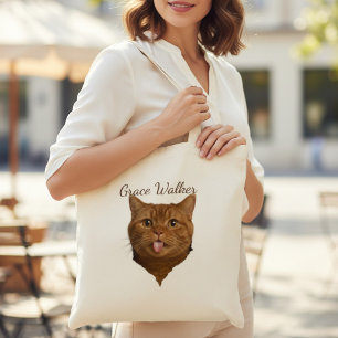 Bolso De Tela Foto de gato divertido Blep con nombre personaliza