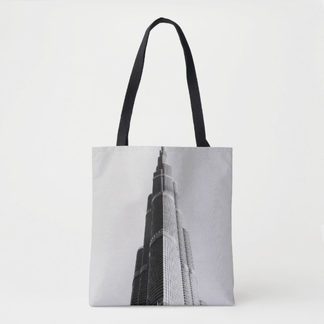 BOLSO DE TELA FOTO DE GRAYSCALE DEL EDIFICIO DE ALTO AUMENTO (Anverso)