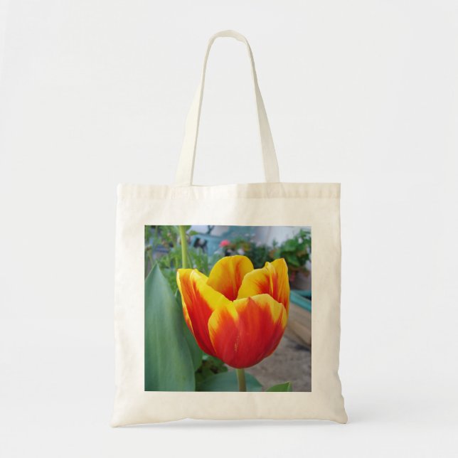 Bolso De Tela Foto de jardín florido de tulipán rojo y amarillo (Frente)