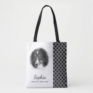 Bolso De Tela Foto de mascota personalizada y huellas negras sob