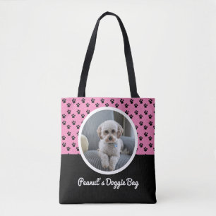 Bolso De Tela Foto de Perrito Adorable y Patrón de Huellas en Bl