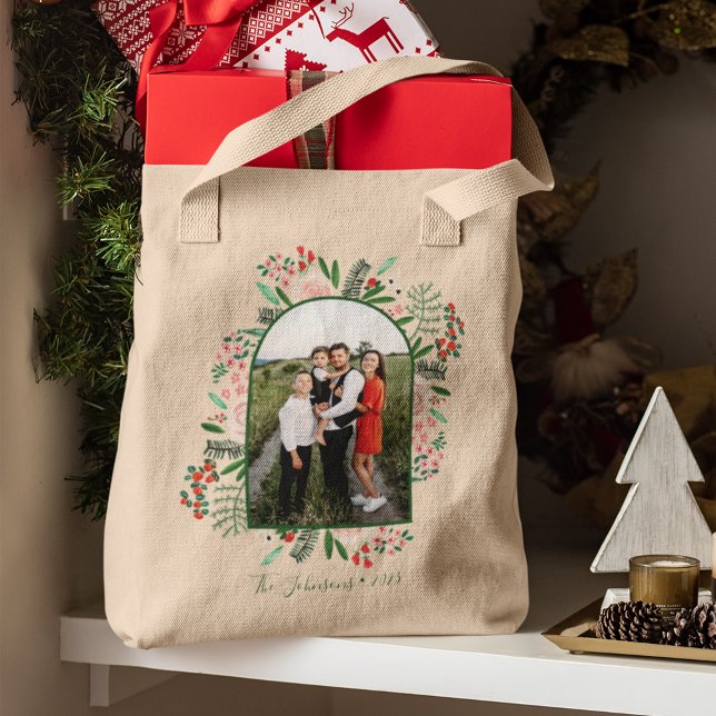 Bolso De Tela Foto floral de Navidad (Modern Arch Frame Floral Christmas Photo Tote Bag)