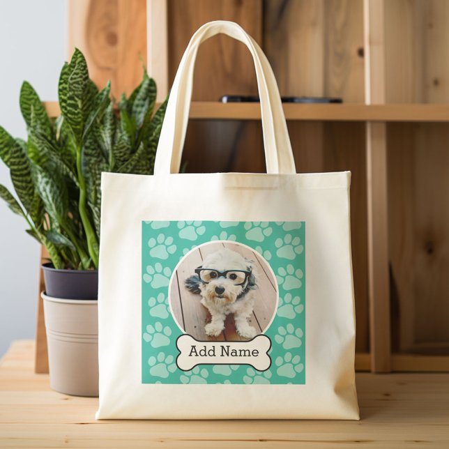 Bolso De Tela Foto mascota con tinta de perro y pinturas verdes (Custom Canvas Tote Bag)