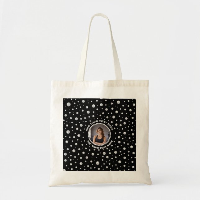 Bolso De Tela Foto personalizada con círculo de perlas sobre neg (Frente)