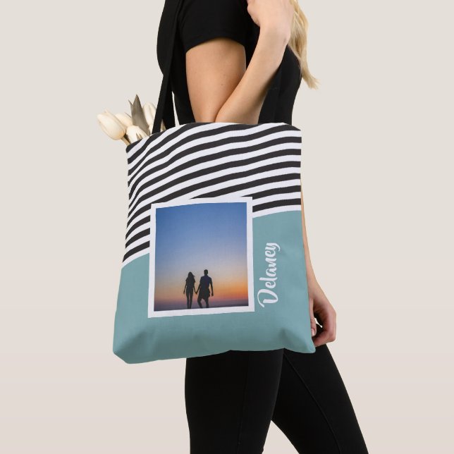 Bolso De Tela Foto personalizada de patrón verde azulado de raya (Detalle)