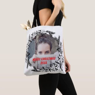 Bolso De Tela Foto personalizado Feliz Navidad Black Wreath