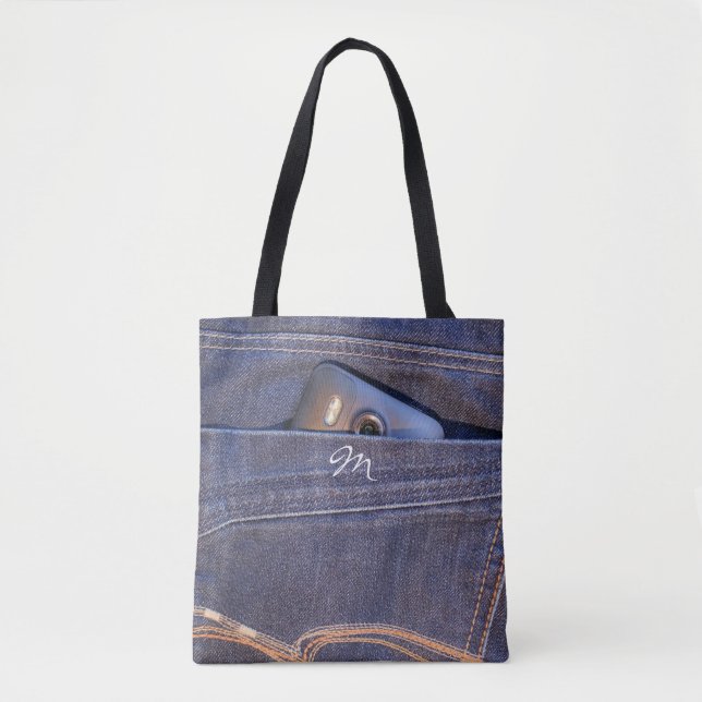 Bolso De Tela Fototeléfono en monograma de jeans demin azules (Anverso)