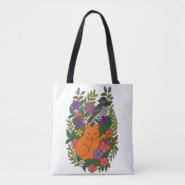 Bolso De Tela Fox, paloma y flores (Anverso)