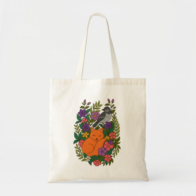 Bolso De Tela Fox, paloma y flores (Frente)