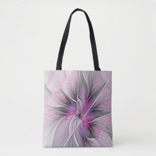 Bolso De Tela Fractal Floral Moderno Abstracto Flor Rosa Gris