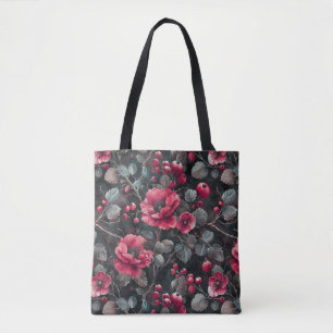 Bolso De Tela Frambuesa, flores borgoña sobre gris oscuro