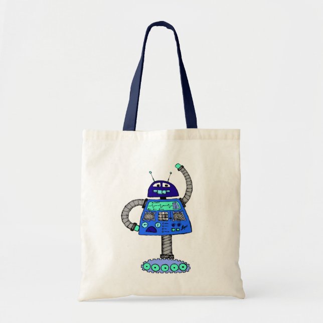Bolso De Tela Frankie Robot: Azul sobre blanco (Frente)
