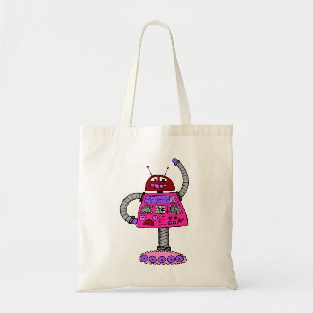 Bolso De Tela Frankie Robot: Rosa en blanco (Frente)