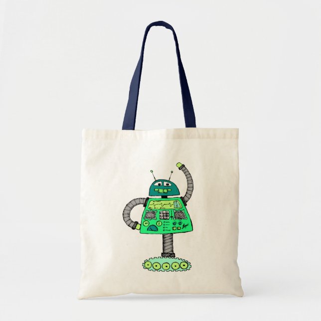 Bolso De Tela Frankie robot, verde sobre blanco (Frente)