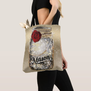 Bolso De Tela Frasco de Mason de Rosa Roja Glam Sparkle Dorado