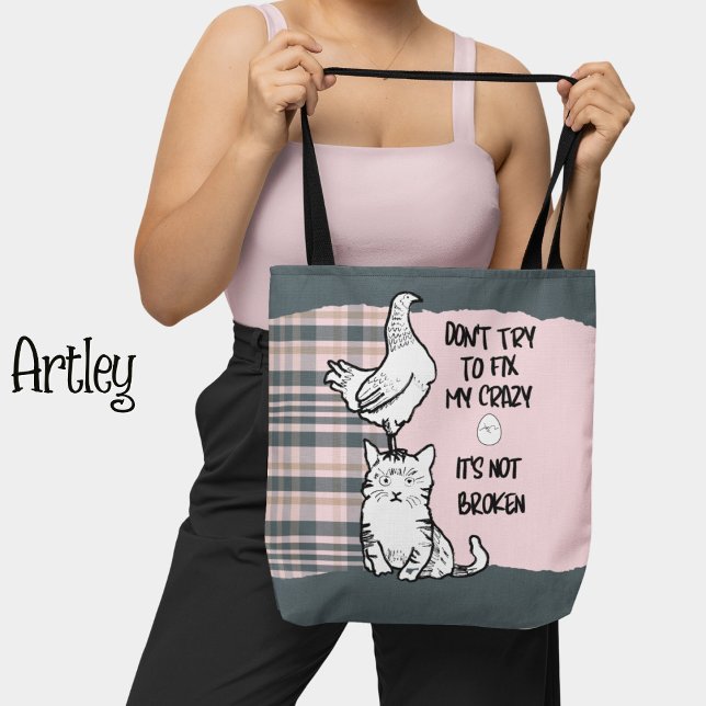 Bolso De Tela Frase divertida con gato y pollo rosado (Subido por el creador)