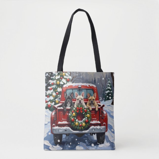 Bolso De Tela French Bulldog Christmas Red Truck Holiday (Anverso)
