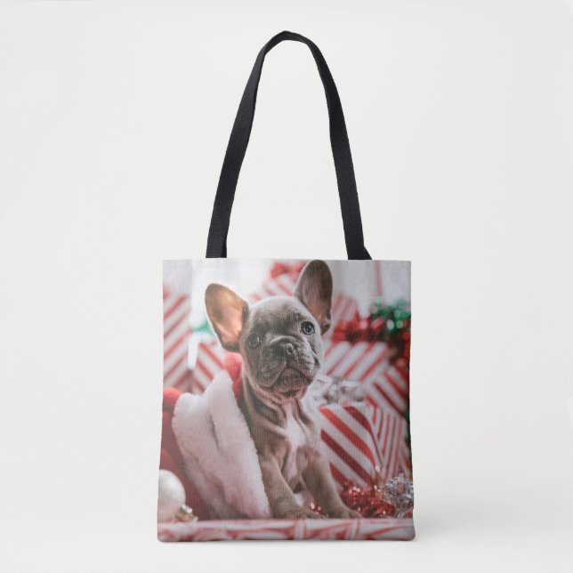 Bolso De Tela French Bulldog in Christmas Hat (Anverso)