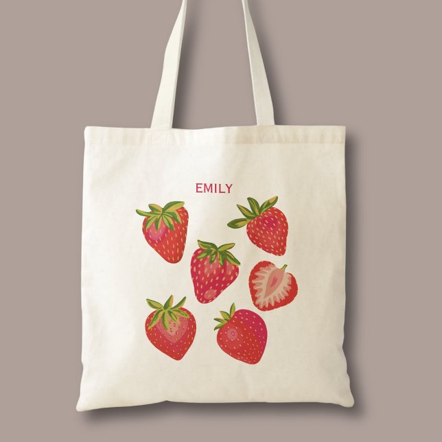 Bolso De Tela Fresa Roja Linda de Verano (Strawberry personalized tote bag.)