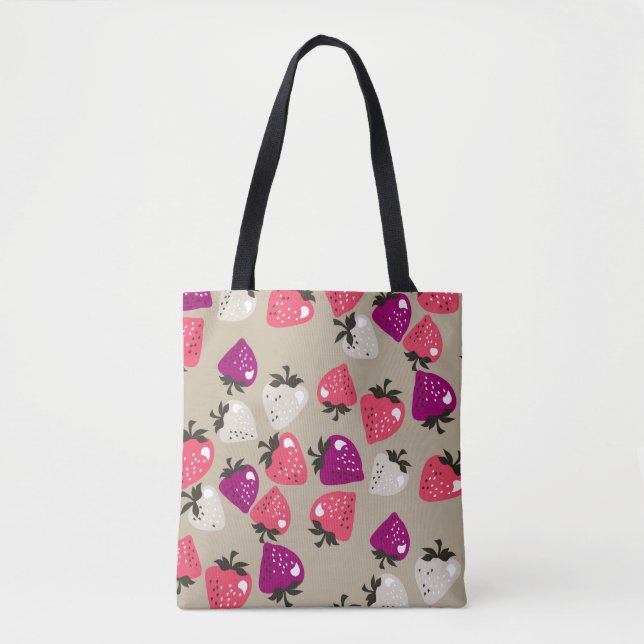 Bolso De Tela Fresas Ingenuas: fondo beige impecable. (Anverso)