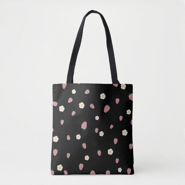 Bolso De Tela Fresas y flores Patrón negro (Anverso)