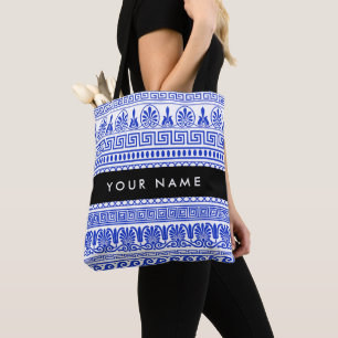 Bolso De Tela Fret griego, llave de meandro mixta, azul, tu nomb