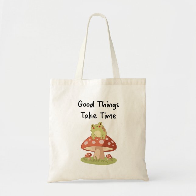 Bolso De Tela Frog Mushroom - Good Things Take Time Illustration (Frente)