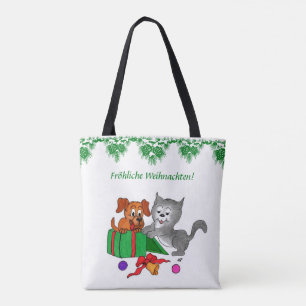 Bolso De Tela Fröhliche Weihnachten, Hund Katze auf Deutsch