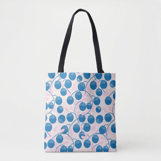 Bolso De Tela Frutas azules, hojas rosas, diseño sin fisuras. (Anverso)