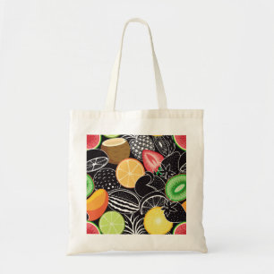 Bolso De Tela Frutas tropicales coloridas, fondo negro.