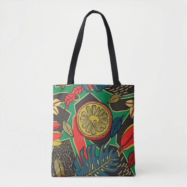 Bolso De Tela Frutas tropicales, hojas, doodle floral patrón. (Anverso)