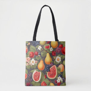 Bolso De Tela Frutas variadas, hojas exuberantes y flores maravi
