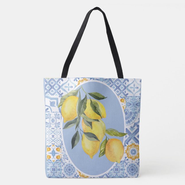 Bolso De Tela Frutos de limón, azules de inspiración europea (Anverso)