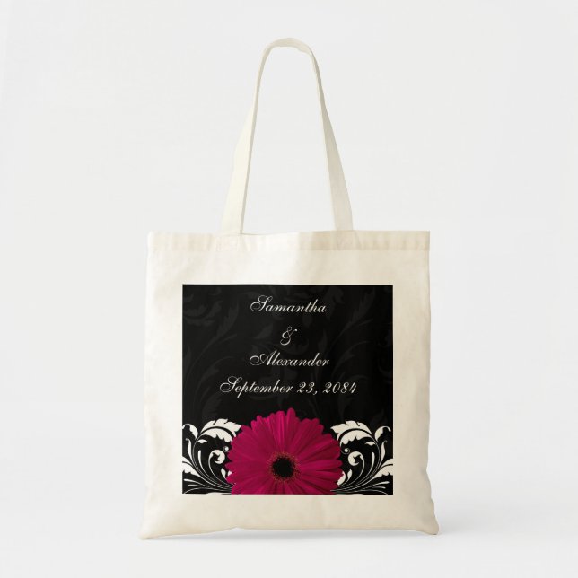 Bolso De Tela Fuchsia Scroll Gerbera Daisy con negro y blanco (Frente)